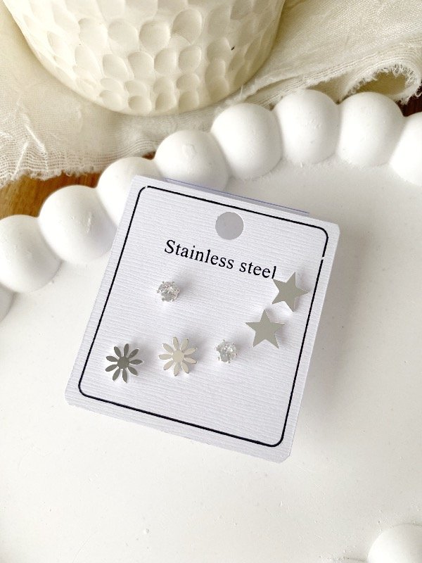 Producto - Set aros flor/estrella plateado