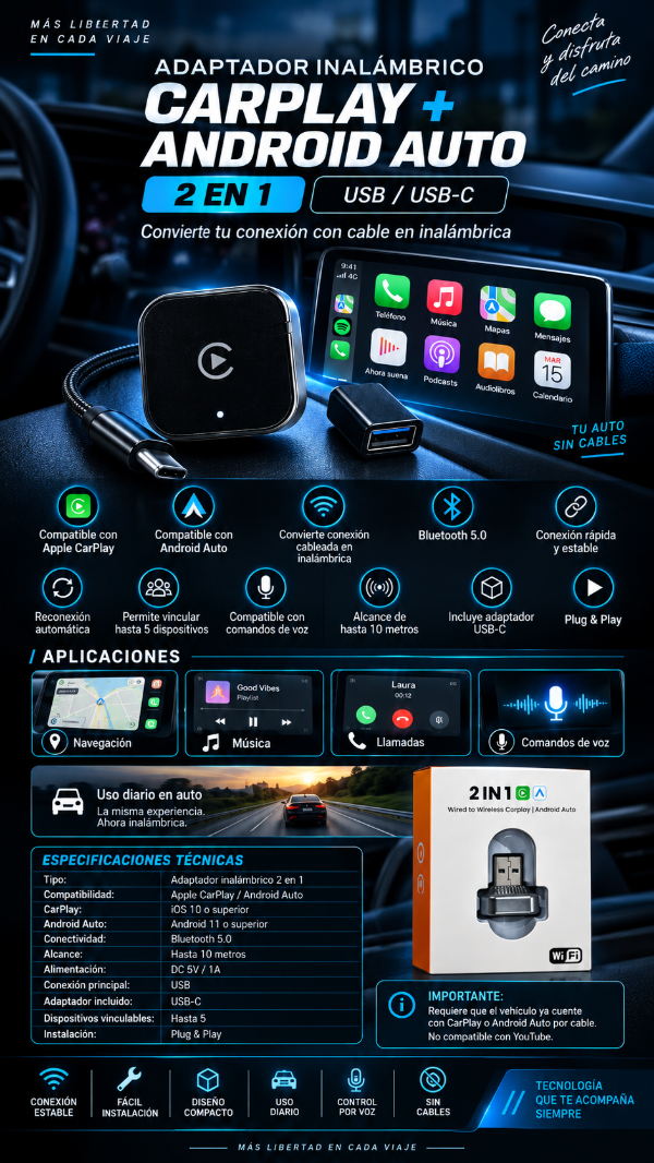 Producto - Adaptador Inalámbrico CarPlay + Android Auto 2 En 1 USB / USB-C