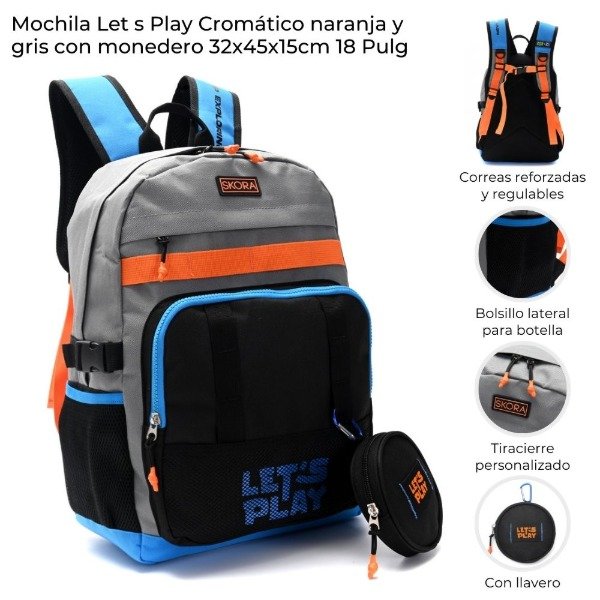 Producto - MOCHILA LETS PLAY CROMATICO NARANJA Y GRIS CON LLAVERO 42887
