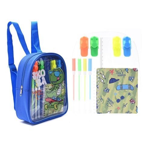 Producto - MOCHILA CON SET DE UTILES DINO SKATER 20X24X6CM SKORA