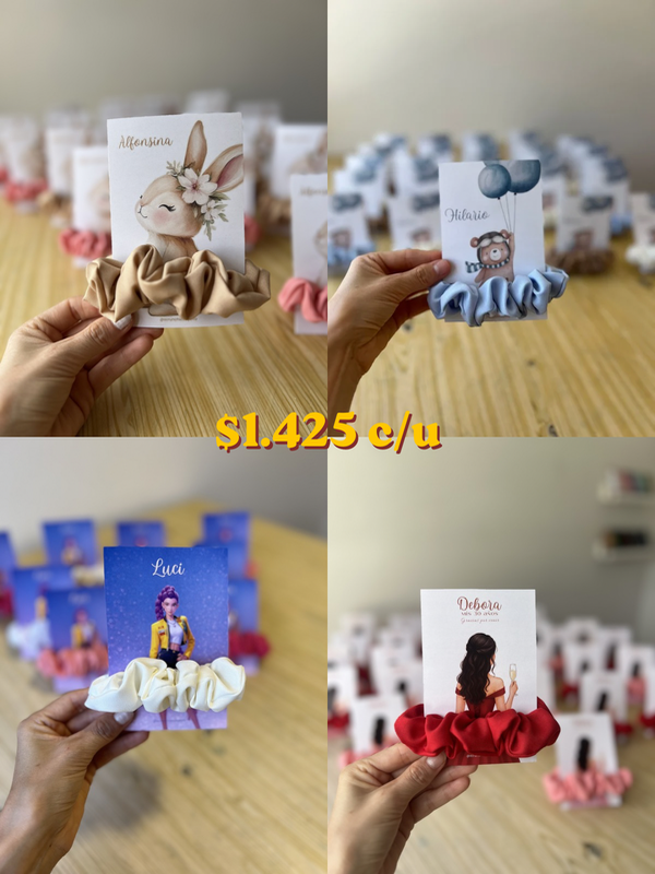 Producto - Souvenir x20 Scrunchie Tropical + Tarjeta Personalizada