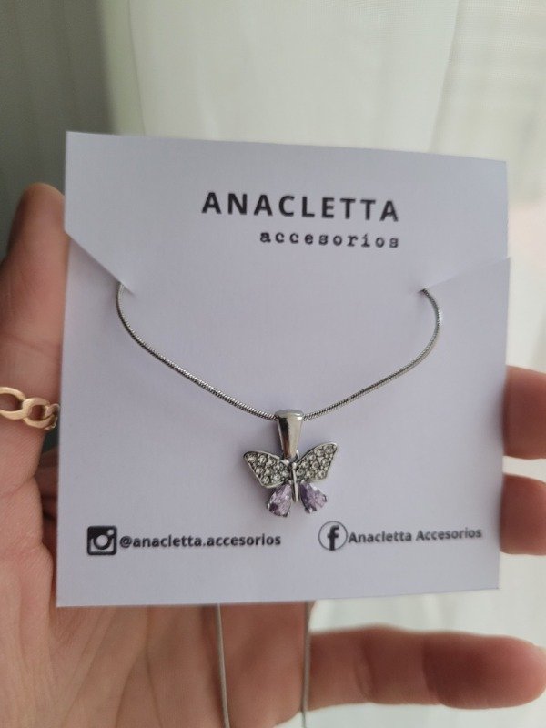 Producto - Gargantilla mariposa con strass lila + cadena cola de ratón AQ