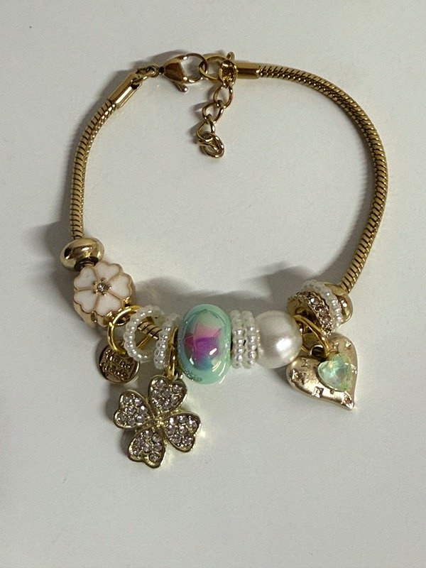 Producto - PD137 Pulsera Pandora con dijes charms 18+3 cm acero dorado