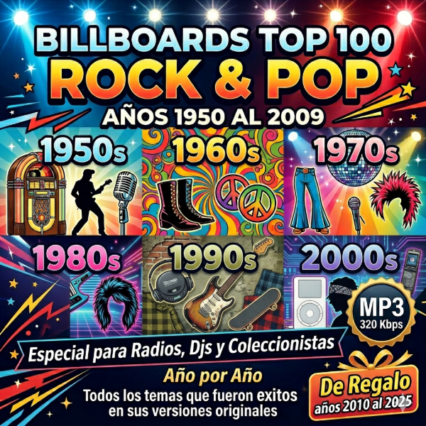 Producto - Bilboard Top 100 Rock y Pop Internacional desde 1950 al 2009 Regalo 2010 al 2025