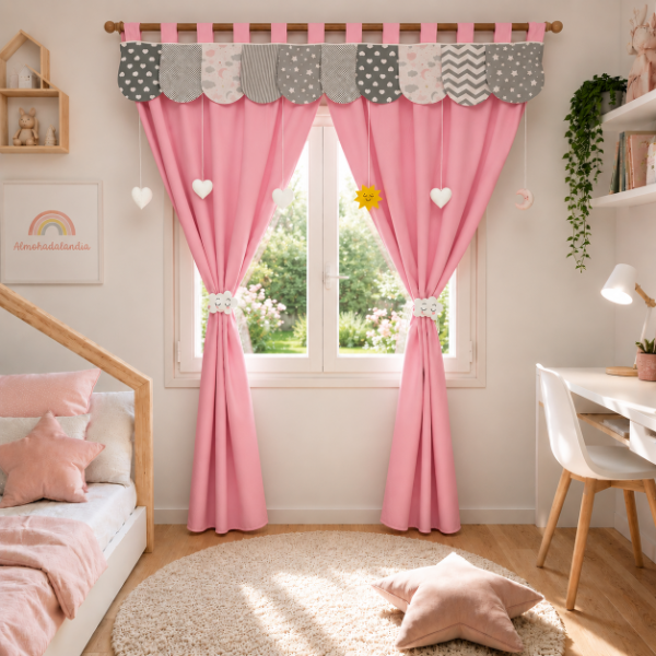 Producto - Cortinas Infantiles Almohadalandia (Rosa-Gris) - 0