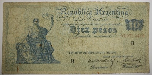 Producto - Billete argentina caja de conversión 10 pesos año 1927 B 1627 Col 373c p#245b F- - 0