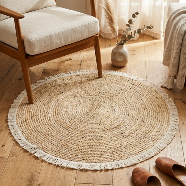 Producto - Alfombra De Yute Natural Redonda Con Flecos 80cm Nórdica - 0