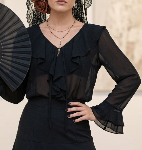 Producto - BLUSA DE GASA CON SHABOT NEGRO T1