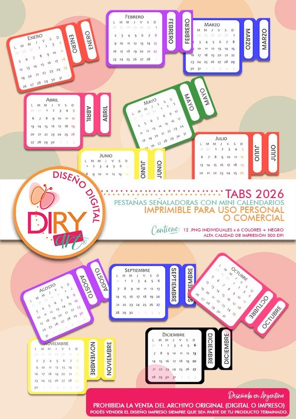 Producto - Tabs con mini calendario 2026 - Pestañas señaladoras