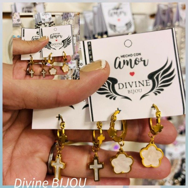 Producto - Argollas con dije nácar  acero dorado