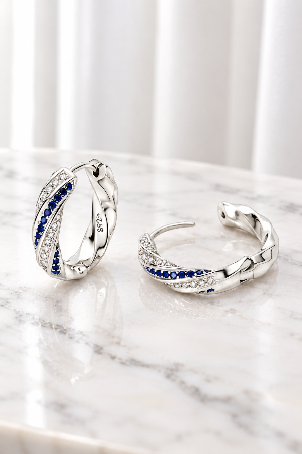 Producto - Argollas Su Plata 925 con cubics blancos y azules (23mm) - 1