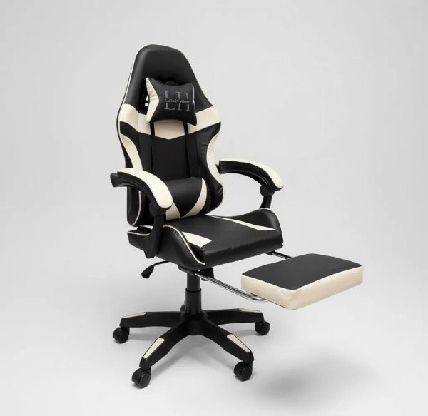 Producto - Silla Gamer Negro y Blanco con Reposapies Ergonómica Reclinable