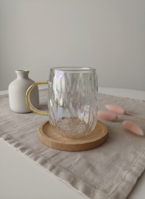 Producto - Taza de vidrio "cristal helado" con mango dorado