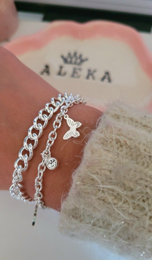 Producto - Pulsera doble cadena con dijes mariposa y strass de acero blanco - 0