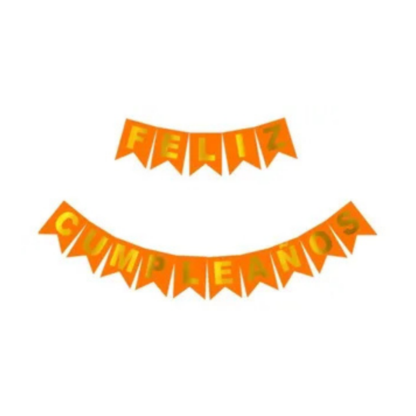 Producto - Banderin letra dorada FELIZ CUMPLEAÑOS color naranja