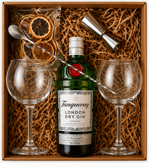 Producto - Caja Regalo Premium Gin Tanqueray London Dry 750 ml  2 Copas  Kit de Coctelería - 0