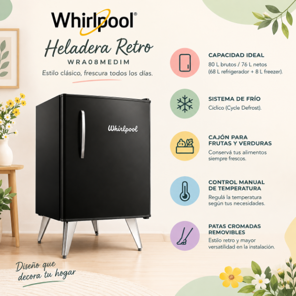 Producto - Heladera Whirlpool Retro Negra 80 / 76 Lts WRA08MEDIM