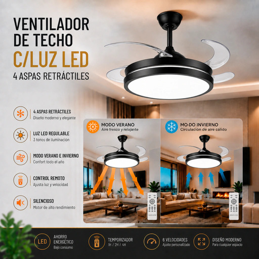 Producto - Ventilador de Techo -4 aspas retractiles -modo frio/calor -luz led -control remo - 2