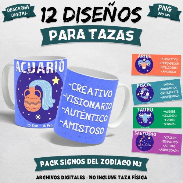 Producto - Pack 12 Plantillas Para Tazas Diseños Signos del Zodíaco Sublimación M3