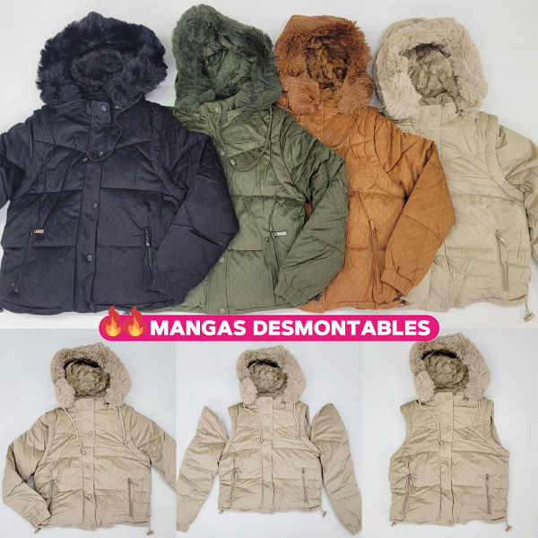 Producto - Campera de Abrigo Mujer Mangas Desmontables Con Piel Y Ajuste En Cintura