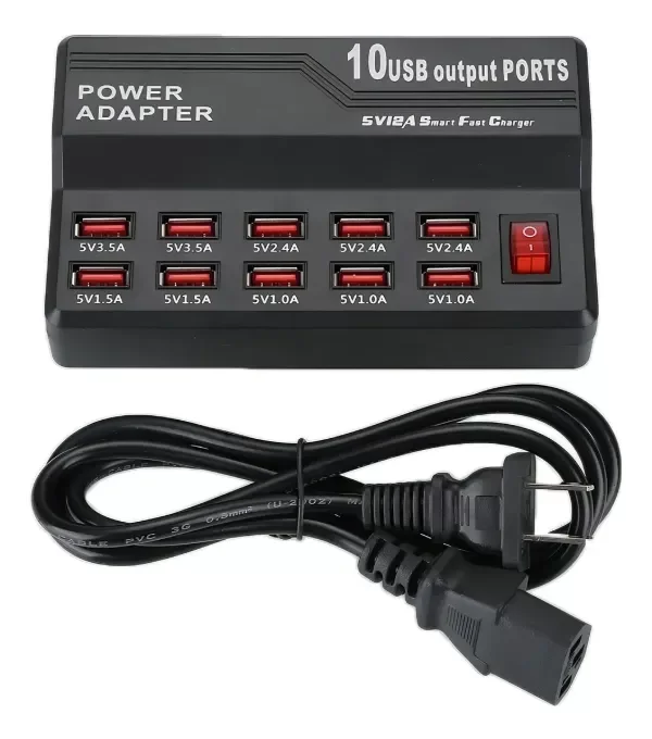 Producto - ZAPATILLA CARGADOR USB X 10 PUERTOS 10A 50W CARGA RAPIDA COLOR NEGRO