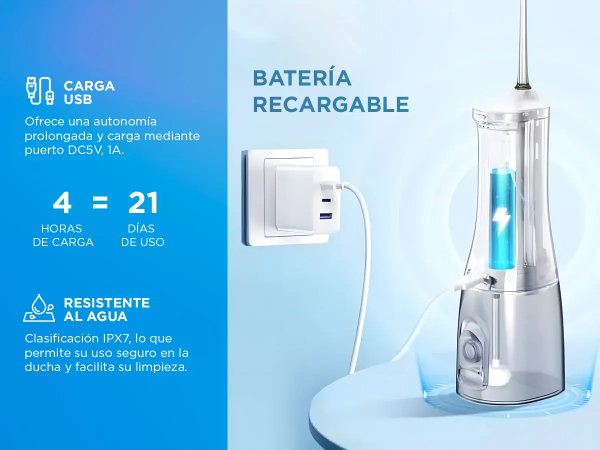 Producto - Irrigador dental de agua inalámbrico -tanque 300ml -4 modos de funcionamiento - 1