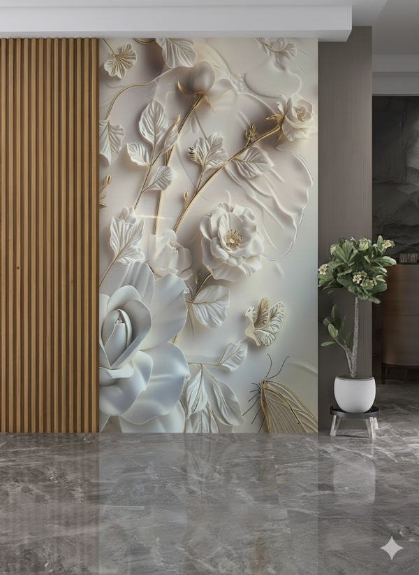 Producto - Placa decorativa PVC 3mm 244x122 diseño flores blancas con detalles dorados