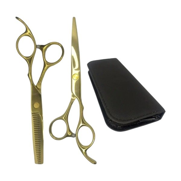 Producto - MOZKU JUEGO DE TIJERAS CORTE + PULIR DORADO CON ESTUCHE