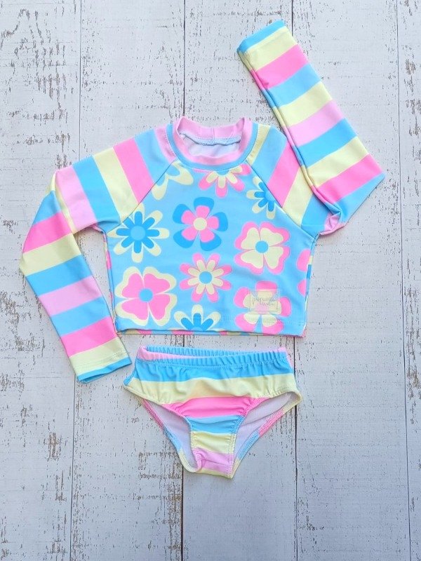 Producto - BIKINI MANGA LARGA UV FLORES  Y RAYAS OASTEL