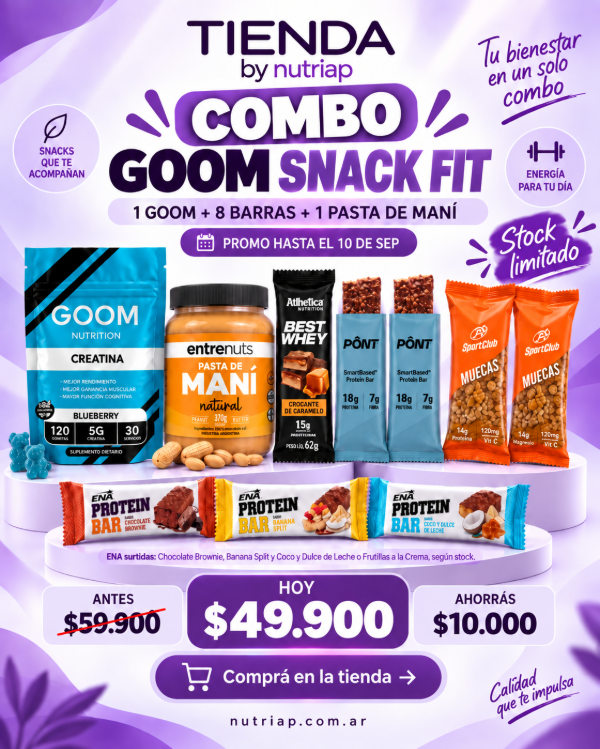 Producto - COMBO GOOM Snack Fit - Creatina en Gomitas + 8 Barritas + Pasta de Maní