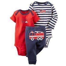 Producto - Trio Bebe con Dos Bodies Azul Rayado con Rojo Autobomba