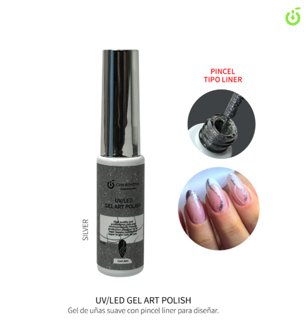 Producto - Semi Nail Art Glitter Plateado con Liner Cherimoya