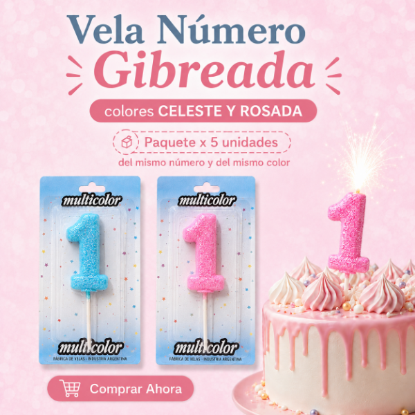 Producto - Vela número gibreada. Paq x5 unid del mismo número y color
