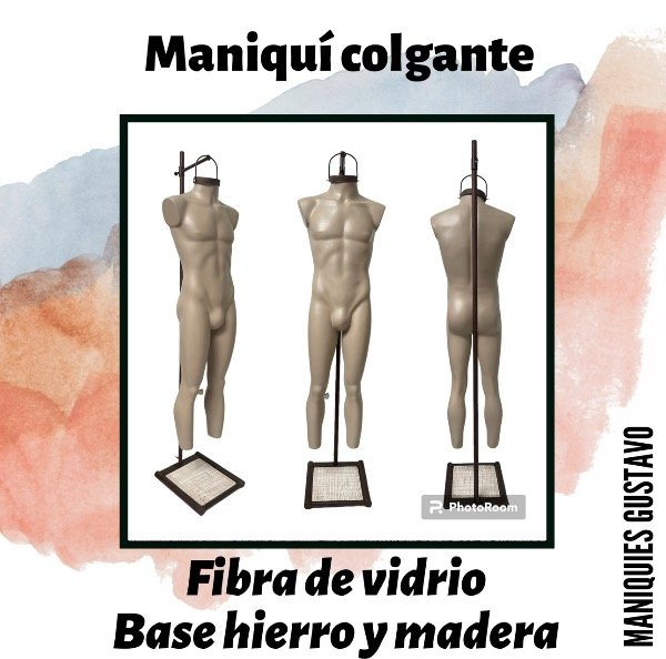 Producto - Maniquí hombre fibra de vidrio colgante con base de hierro y madera - 1