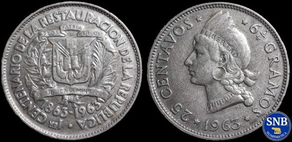 Producto - República Dominicana - 25 Centavos (1963) Plata KM #28 - Tercera República