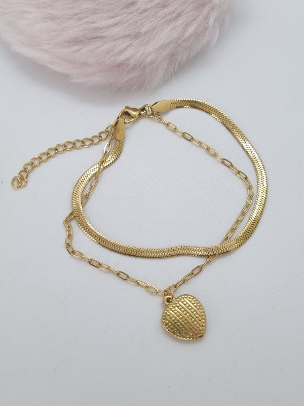 Producto - Pulsera acero dorado doble con dije corazon