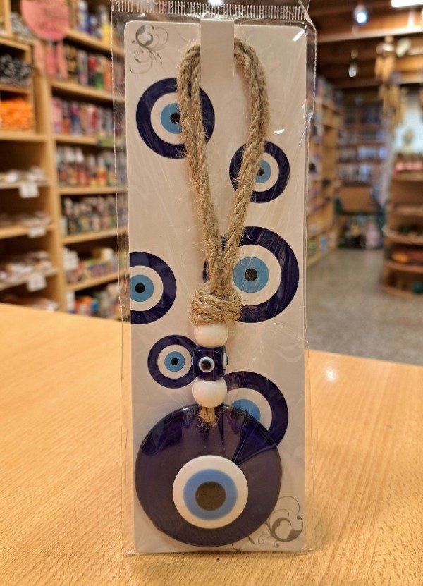 Producto - Colgante de vidrio ojo turco mini con hilo yute 20 cm x 6 cm diametro