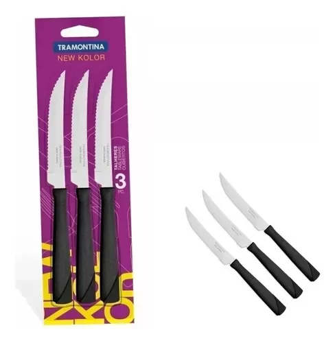 Producto - SET X 3 CUCHILLOS TRAMONTINA MANGO PLÁSTICO NEW KOLOR NEGRO.