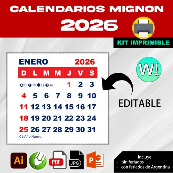 Producto - Kit Imprimible Calendarios Mignon 2026 Almanaques Editables