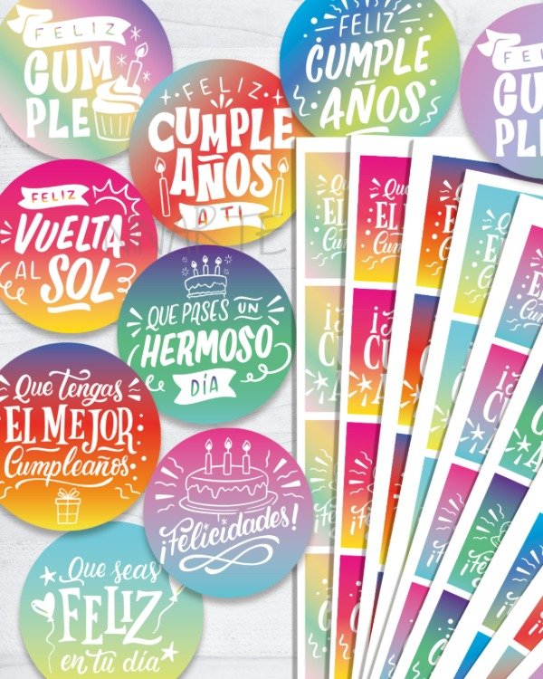 Producto - MEGA KIT IMPRIMIBLE ETIQUETAS FELIZ CUMPLEAÑOS EMPRENDEDORES COLORES DEGRADADO