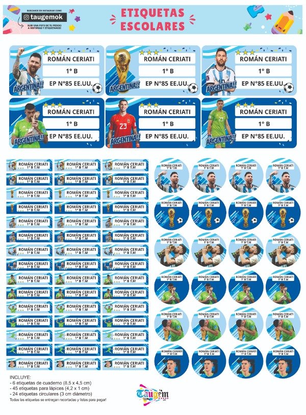 Producto - Etiqueta Escolar en Papel Autoadhesivo - Leo Messi y Dibu Martinez