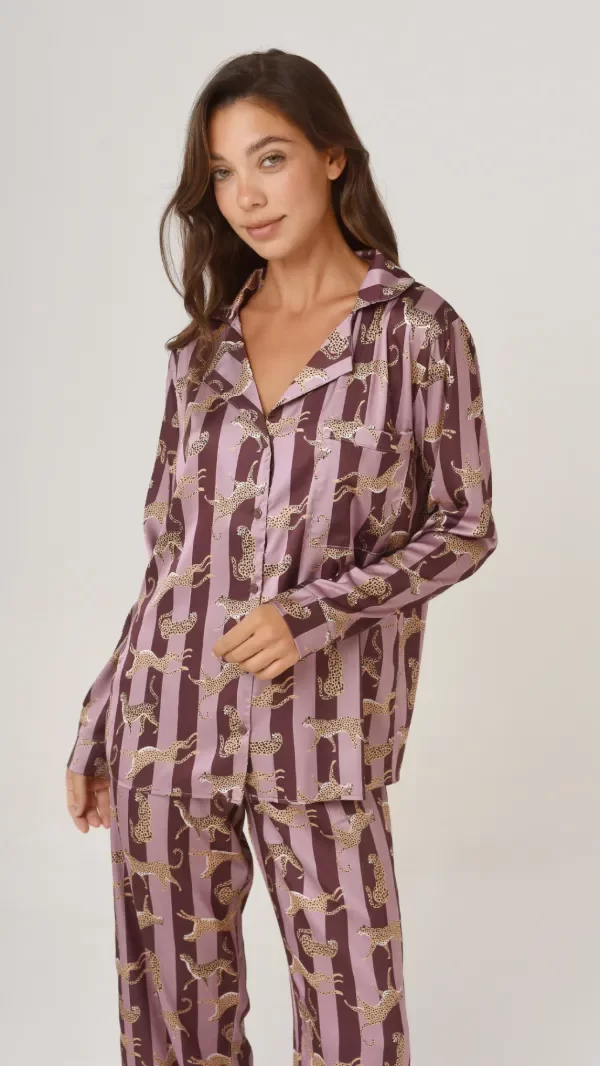 Producto - Pijama camisero sedita rayado Ciruela