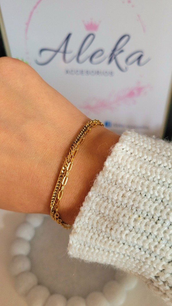 Producto - Pulsera doble cadena de acero dorado - 0