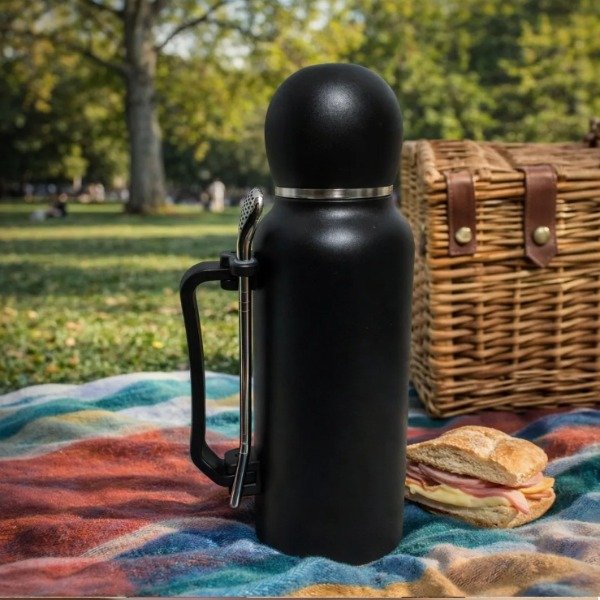 Producto - Termo 1.3 Litros Negro + Mate Bolita + Bombilla