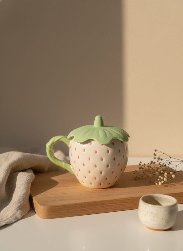 Producto - Taza de cerámica frutilla con tapa -  blanca