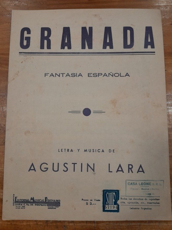 Producto - Granada Fantasia Española partitura - Agustin Lara