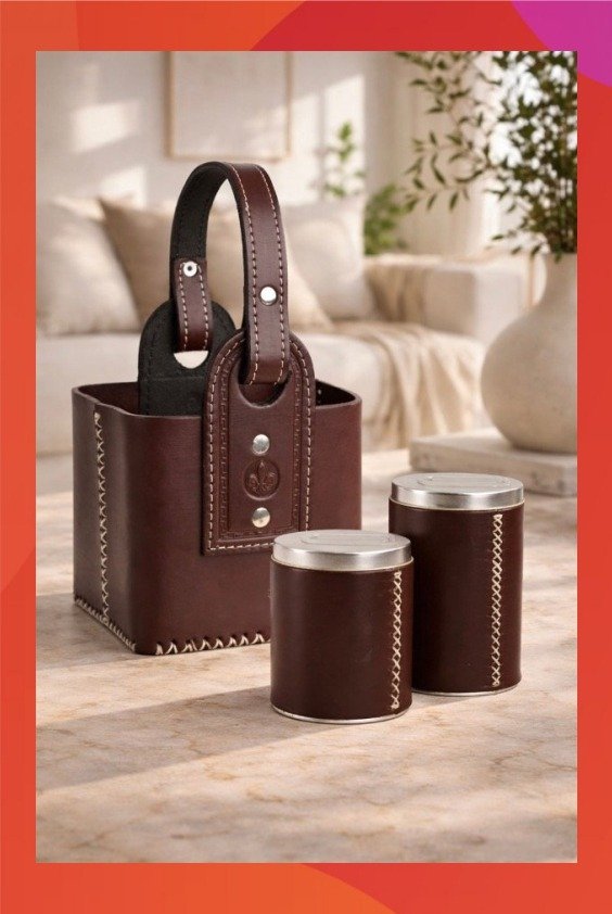 Producto - Kit Matera + Yerbera y Azucarera Cuero Premium Marrón