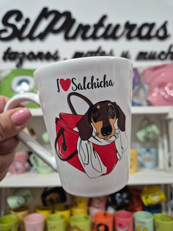 Producto - Taza cónica Perro Salchicha en bolso