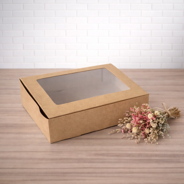 Producto - Box multiuso kraft con visor 20x30x6 - ideal para petit fours - 0