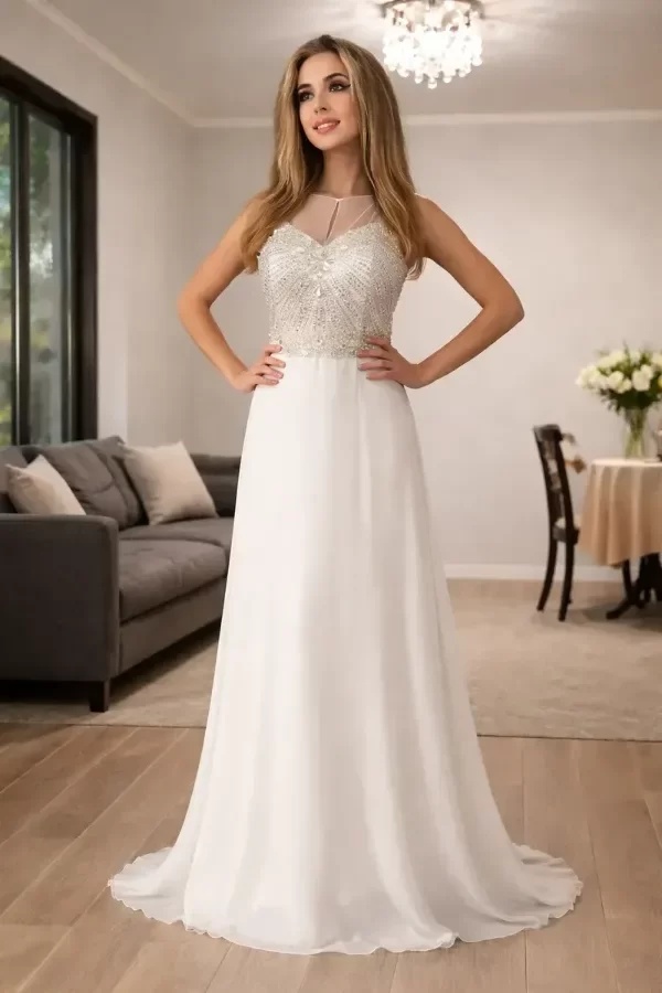 Producto - Vestido Largo de novia con pedrería elegante de gasa